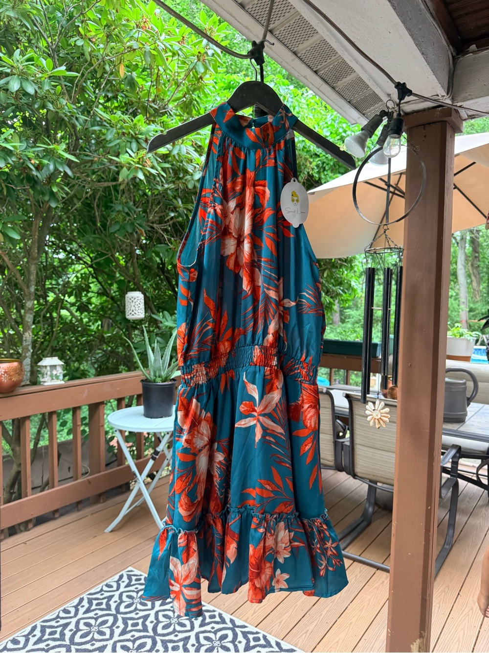 High-Neck Teal Floral Mini Dress with Smocked Waist - Picture 6 of 12